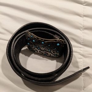 Black belt with silver and blue belt buckle